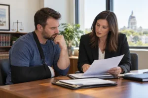 An injured Kansas resident reviews medical paperwork with a legal professional in a bright office.