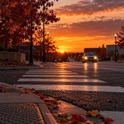 A pedestrian crosses a Kansas street at sunset while an approaching car slows.